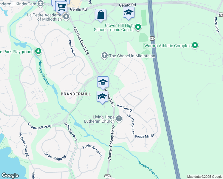 map of restaurants, bars, coffee shops, grocery stores, and more near 3601 Old Hundred Road South in Midlothian