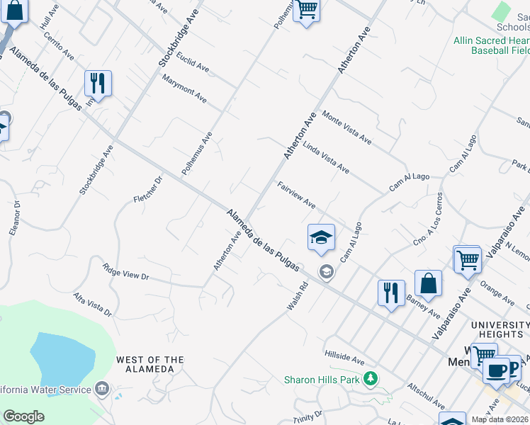 map of restaurants, bars, coffee shops, grocery stores, and more near 291 Atherton Avenue in Atherton
