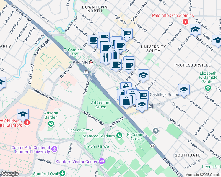 map of restaurants, bars, coffee shops, grocery stores, and more near 49 Wells Avenue in Palo Alto