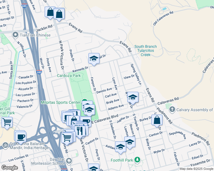 map of restaurants, bars, coffee shops, grocery stores, and more near 1564 Dennis Avenue in Milpitas