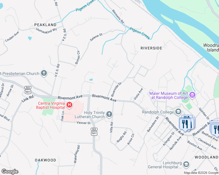 map of restaurants, bars, coffee shops, grocery stores, and more near 817 Pershing Avenue in Lynchburg