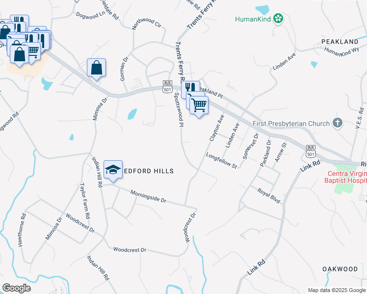 map of restaurants, bars, coffee shops, grocery stores, and more near 1720 Spottswood Place in Lynchburg