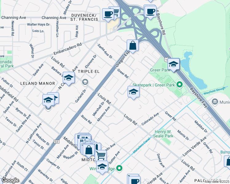 map of restaurants, bars, coffee shops, grocery stores, and more near 924 Moreno Avenue in Palo Alto