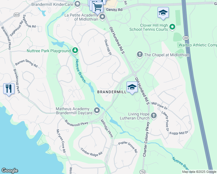 map of restaurants, bars, coffee shops, grocery stores, and more near 3506 Quail Meadows Court in Midlothian