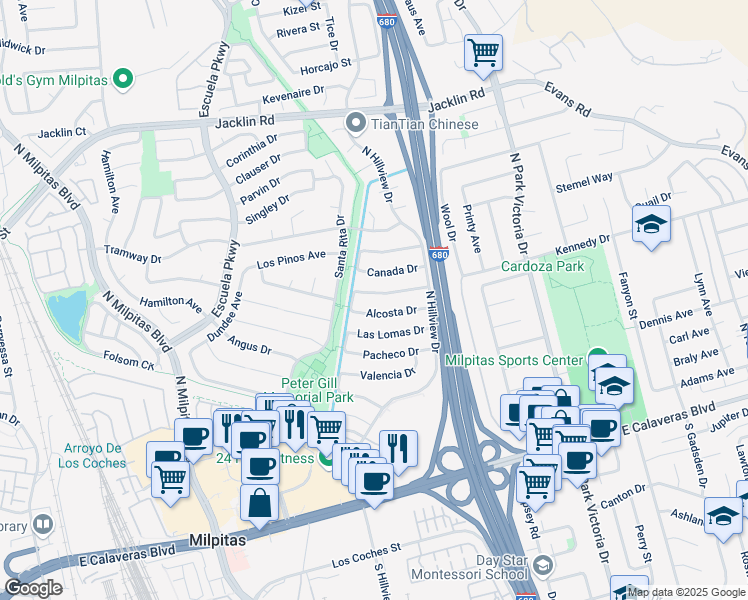map of restaurants, bars, coffee shops, grocery stores, and more near 800 Los Positos Drive in Milpitas