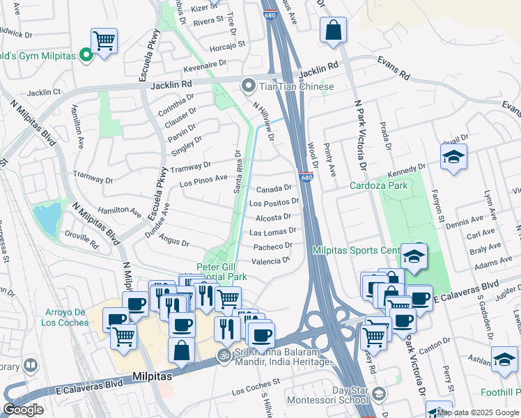 map of restaurants, bars, coffee shops, grocery stores, and more near 800 Los Positos Drive in Milpitas