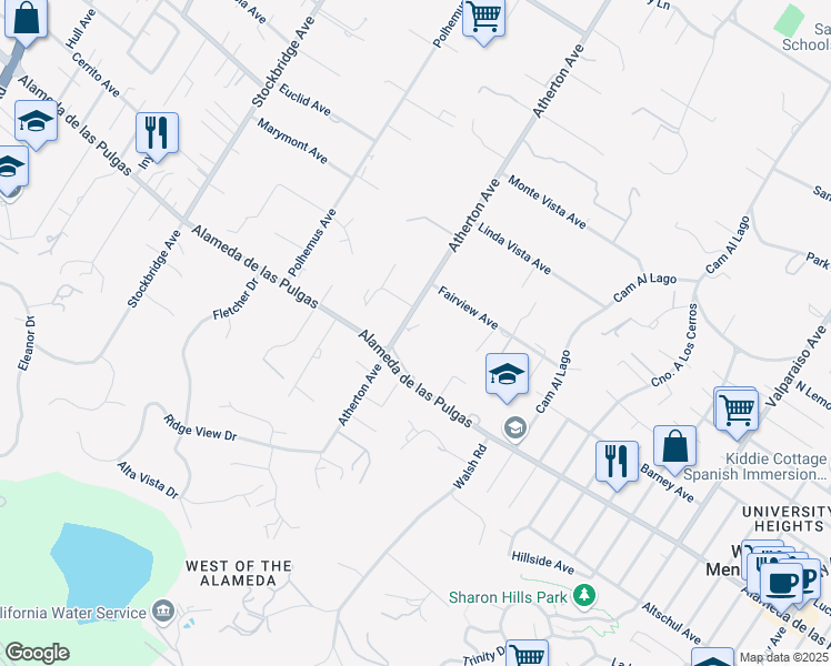 map of restaurants, bars, coffee shops, grocery stores, and more near 291 Atherton Avenue in Atherton