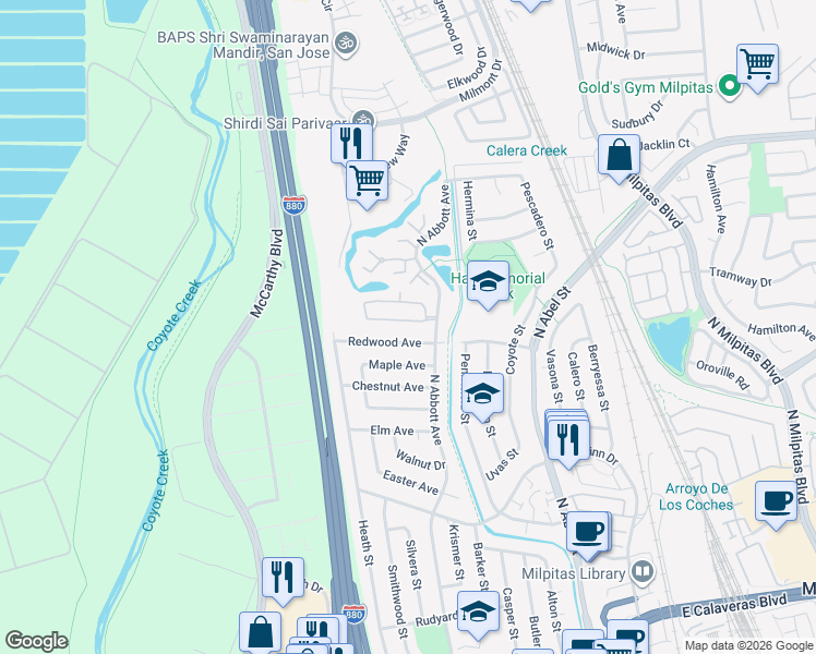 map of restaurants, bars, coffee shops, grocery stores, and more near 428 Glenmoor Circle in Milpitas
