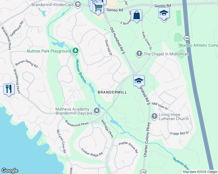 map of restaurants, bars, coffee shops, grocery stores, and more near 3506 Quail Meadows Court in Midlothian
