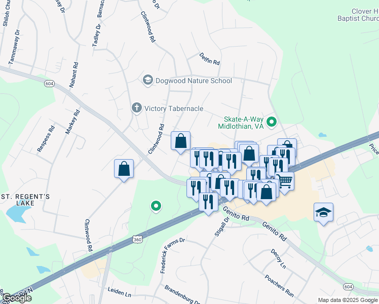 map of restaurants, bars, coffee shops, grocery stores, and more near 3426 Avocado Drive in Midlothian