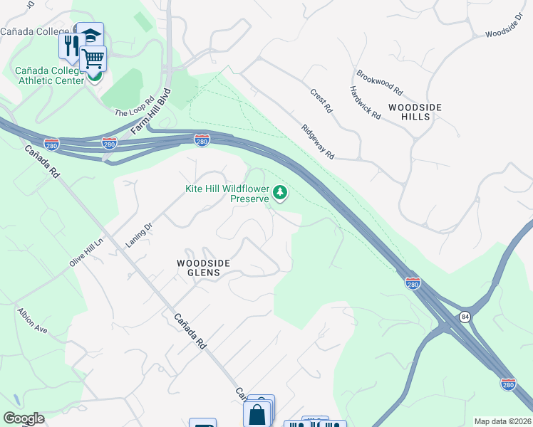 map of restaurants, bars, coffee shops, grocery stores, and more near 112 Highland Terrace in Woodside