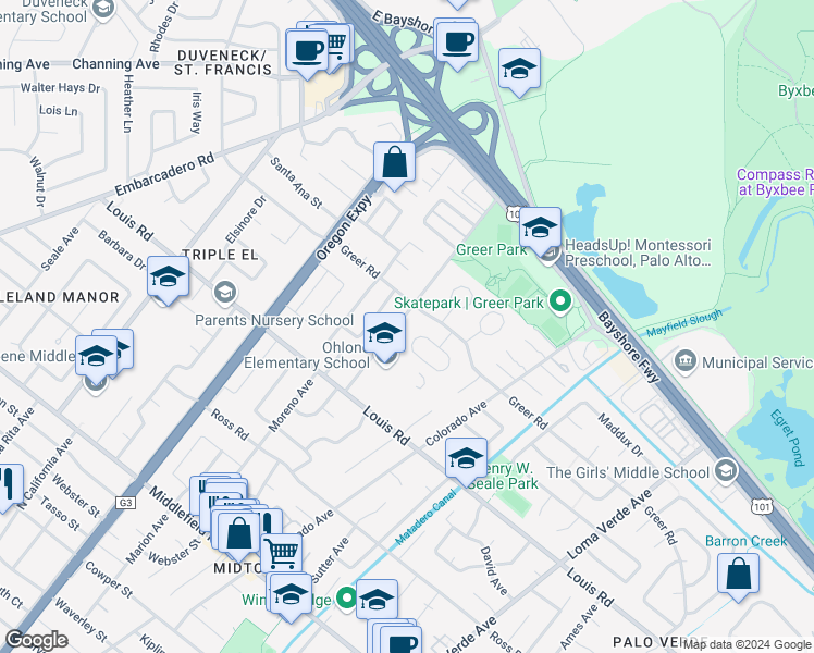 map of restaurants, bars, coffee shops, grocery stores, and more near 990 Amarillo Avenue in Palo Alto