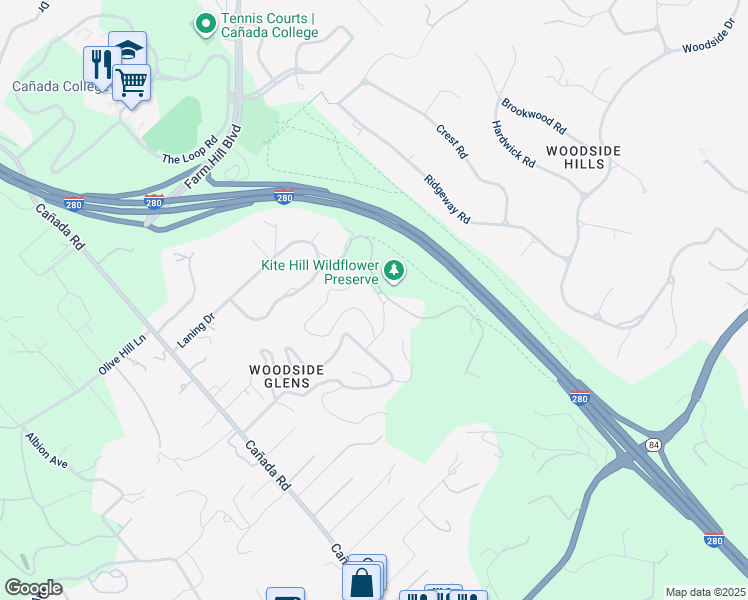 map of restaurants, bars, coffee shops, grocery stores, and more near 152 Alta Mesa Road in Woodside