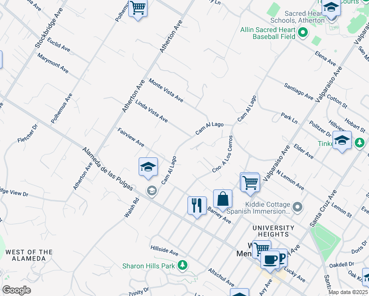 map of restaurants, bars, coffee shops, grocery stores, and more near 261 Camino Al Lago in Atherton