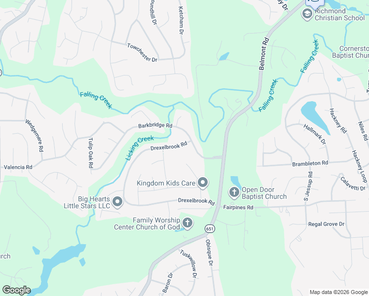 map of restaurants, bars, coffee shops, grocery stores, and more near 7205 Drexelbrook Road in Chesterfield