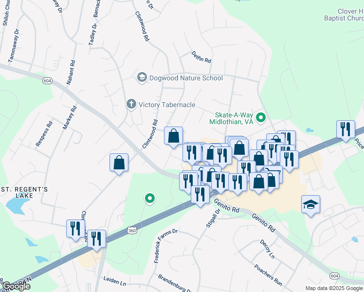 map of restaurants, bars, coffee shops, grocery stores, and more near 3426 Avocado Drive in Midlothian