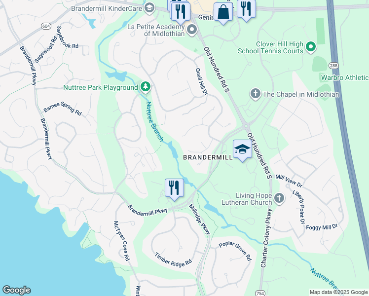 map of restaurants, bars, coffee shops, grocery stores, and more near 13710 Quail Meadows Lane in Midlothian