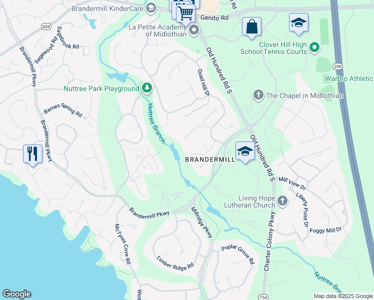 map of restaurants, bars, coffee shops, grocery stores, and more near 13710 Quail Meadows Lane in Midlothian