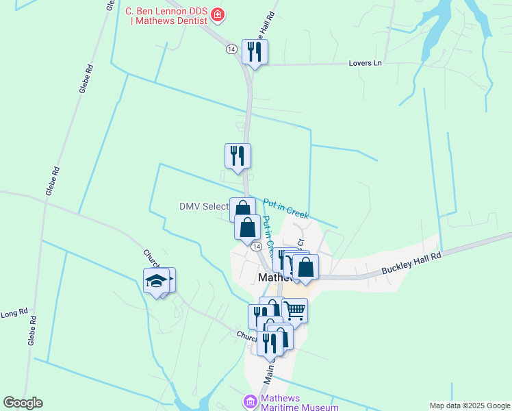 map of restaurants, bars, coffee shops, grocery stores, and more near Buckley Hall Road in Mathews