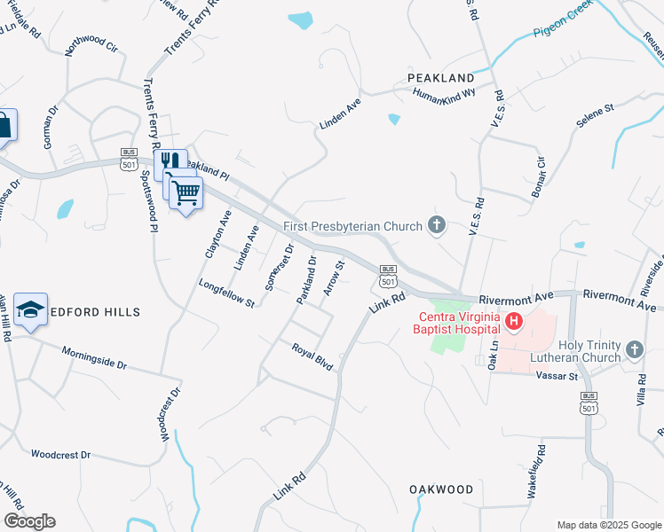 map of restaurants, bars, coffee shops, grocery stores, and more near 1517 Arrow Street in Lynchburg