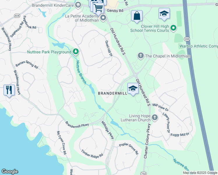 map of restaurants, bars, coffee shops, grocery stores, and more near 3506 Quail Meadows Court in Midlothian