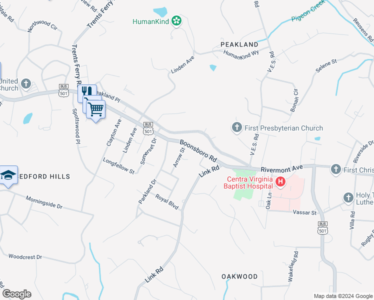 map of restaurants, bars, coffee shops, grocery stores, and more near 3873 Boonsboro Road in Lynchburg