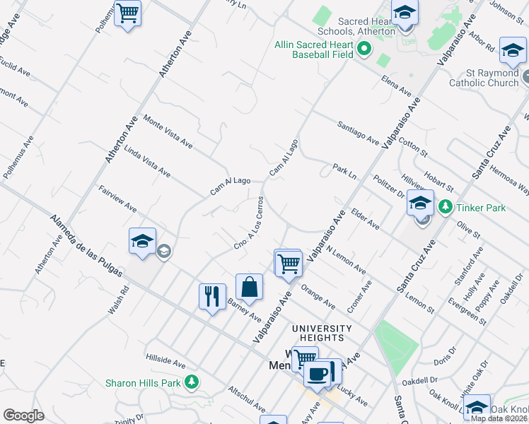 map of restaurants, bars, coffee shops, grocery stores, and more near 6 Camino Por Los Arboles in Atherton