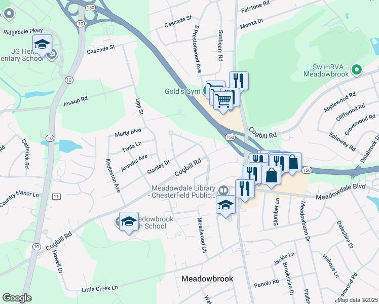 map of restaurants, bars, coffee shops, grocery stores, and more near 4427 Stanley Drive in Richmond
