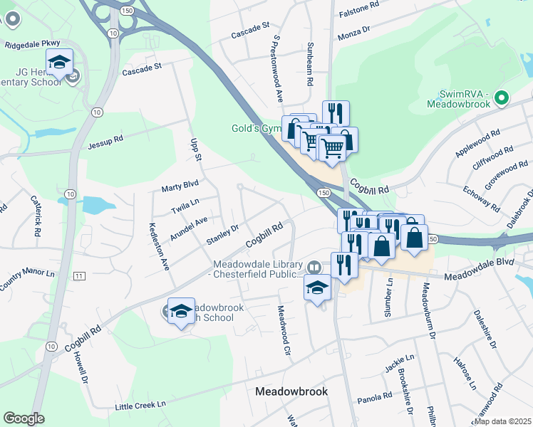 map of restaurants, bars, coffee shops, grocery stores, and more near 4427 Stanley Drive in Richmond