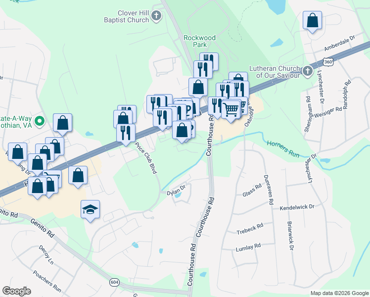 map of restaurants, bars, coffee shops, grocery stores, and more near 10191 Hull Street Rd in Midlothian