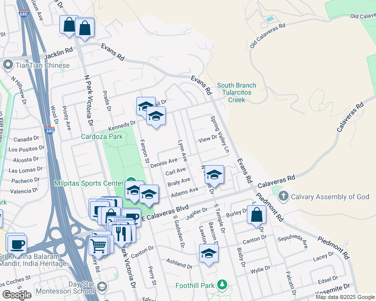 map of restaurants, bars, coffee shops, grocery stores, and more near 218 Lynn Avenue in Milpitas