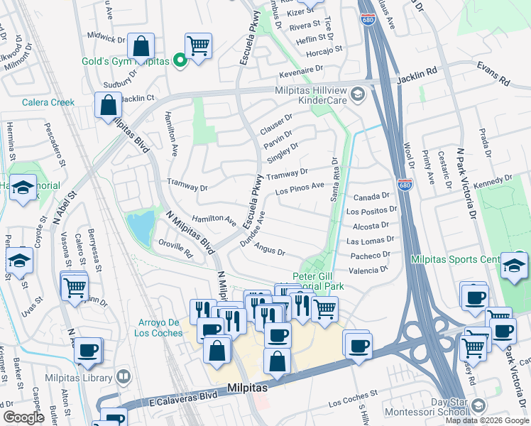 map of restaurants, bars, coffee shops, grocery stores, and more near 503 Glasglow Court in Milpitas