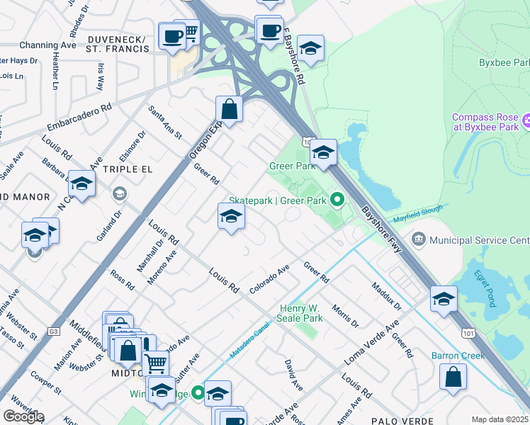map of restaurants, bars, coffee shops, grocery stores, and more near 998 Van Auken Circle in Palo Alto