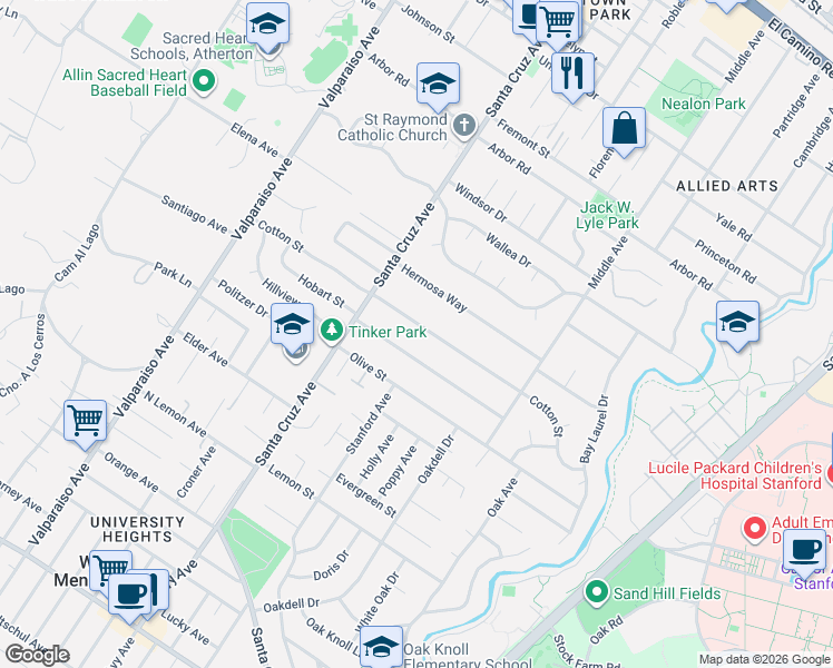 map of restaurants, bars, coffee shops, grocery stores, and more near 991 Cotton Street in Menlo Park