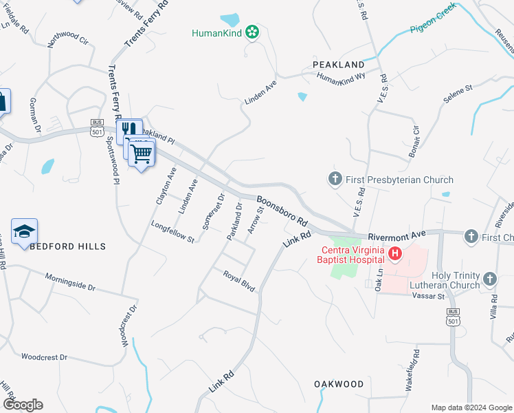map of restaurants, bars, coffee shops, grocery stores, and more near 3869 Peakland Place in Lynchburg