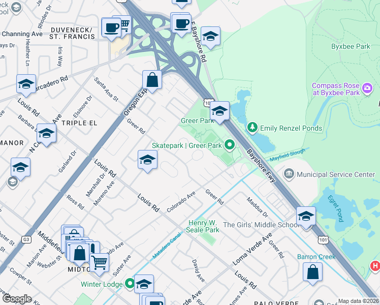 map of restaurants, bars, coffee shops, grocery stores, and more near 1042 Metro Circle in Palo Alto