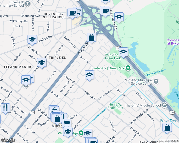 map of restaurants, bars, coffee shops, grocery stores, and more near 972 Moreno Avenue in Palo Alto