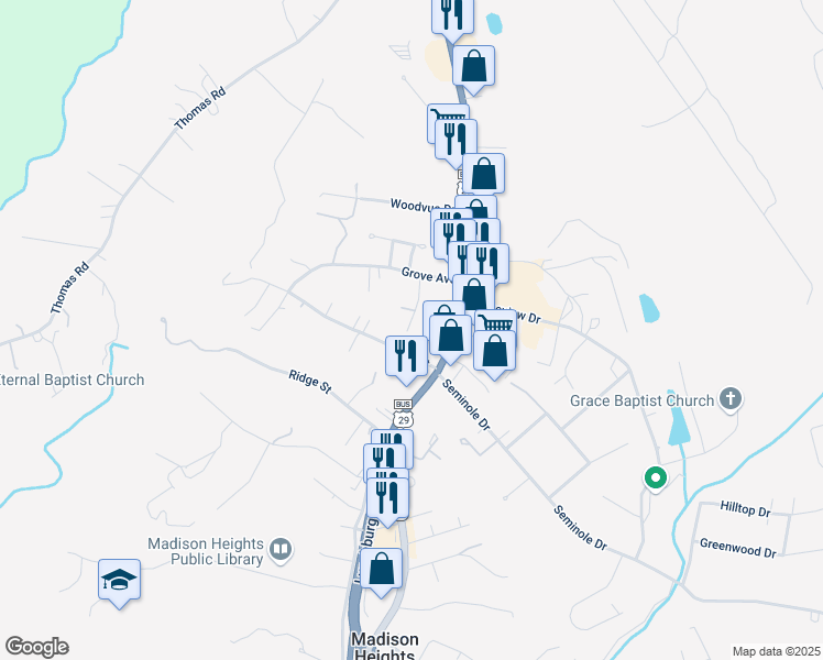 map of restaurants, bars, coffee shops, grocery stores, and more near 147 Spring Grove Lane in Madison Heights