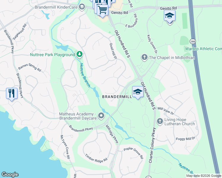 map of restaurants, bars, coffee shops, grocery stores, and more near 3504 Quail Meadows Court in Midlothian