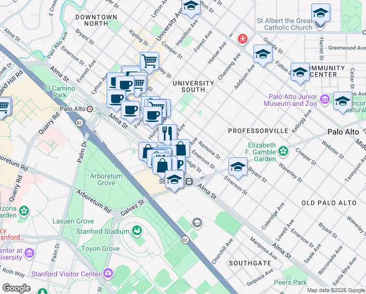 map of restaurants, bars, coffee shops, grocery stores, and more near 935 Emerson Street in Palo Alto