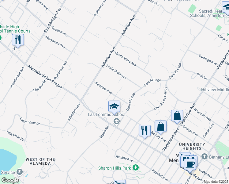 map of restaurants, bars, coffee shops, grocery stores, and more near 57 Fairview Avenue in Atherton