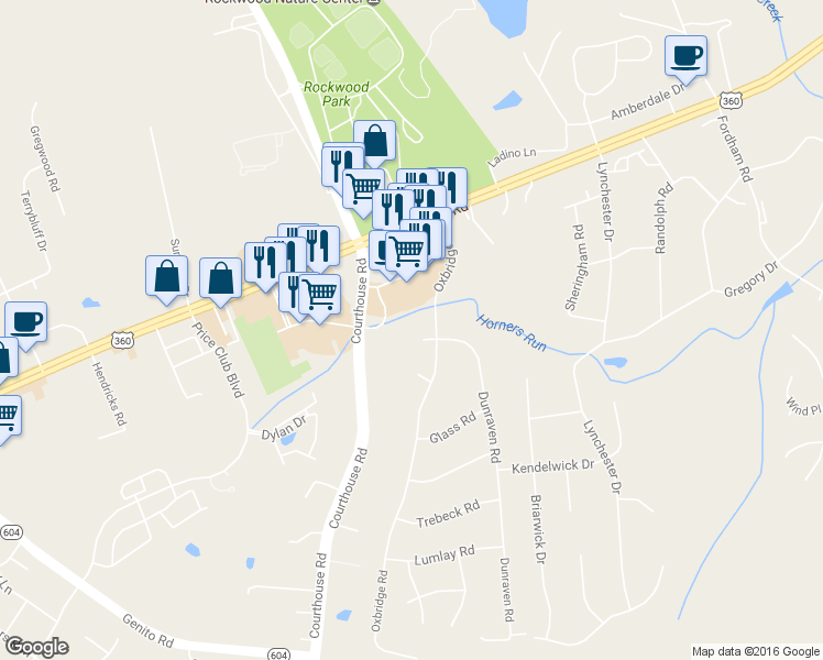 map of restaurants, bars, coffee shops, grocery stores, and more near 10010 Dunraven Court in Richmond