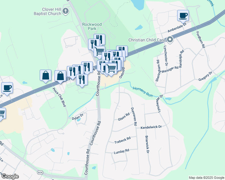 map of restaurants, bars, coffee shops, grocery stores, and more near 10010 Dunraven Court in Richmond