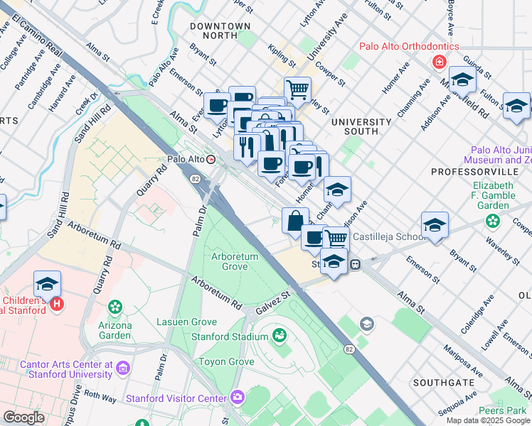 map of restaurants, bars, coffee shops, grocery stores, and more near 49 Wells Avenue in Palo Alto