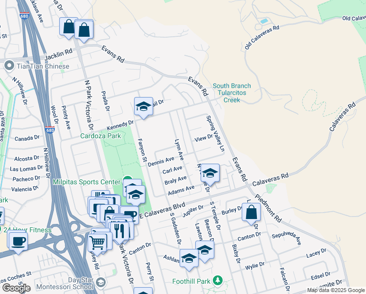 map of restaurants, bars, coffee shops, grocery stores, and more near 265 North Temple Drive in Milpitas