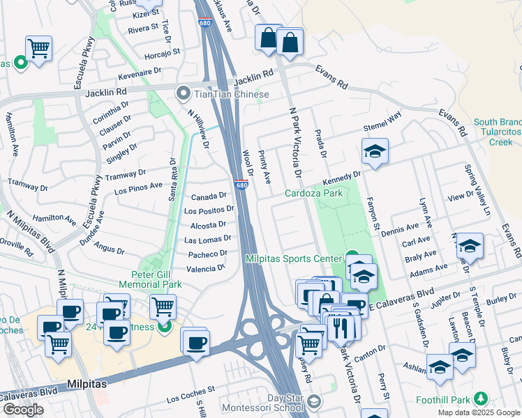 map of restaurants, bars, coffee shops, grocery stores, and more near 449 Printy Avenue in Milpitas