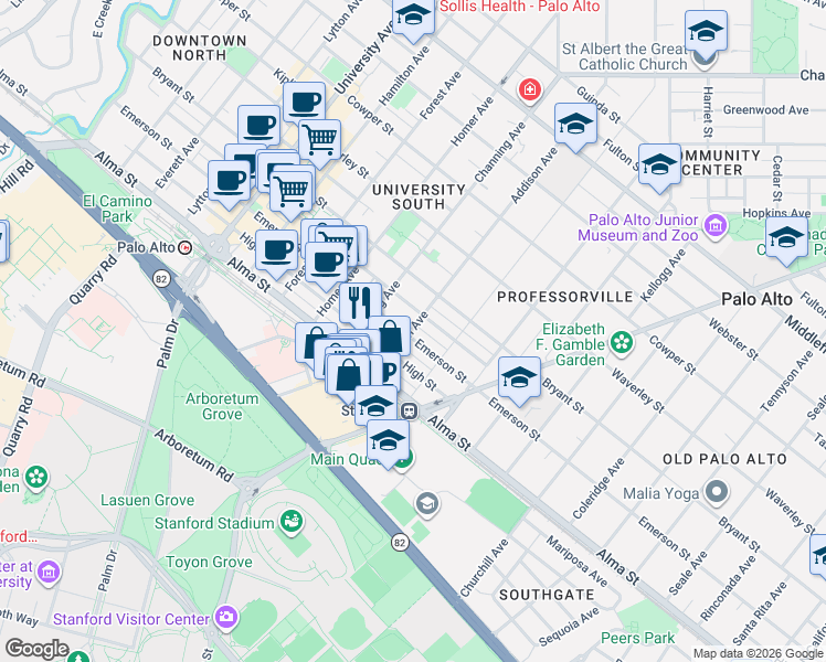 map of restaurants, bars, coffee shops, grocery stores, and more near 935 Emerson Street in Palo Alto