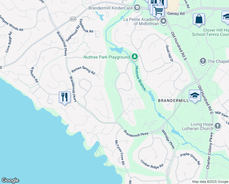 map of restaurants, bars, coffee shops, grocery stores, and more near 3506 Nuttree Woods Drive in Midlothian
