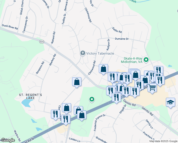 map of restaurants, bars, coffee shops, grocery stores, and more near 11601 Davelayne Road in Midlothian
