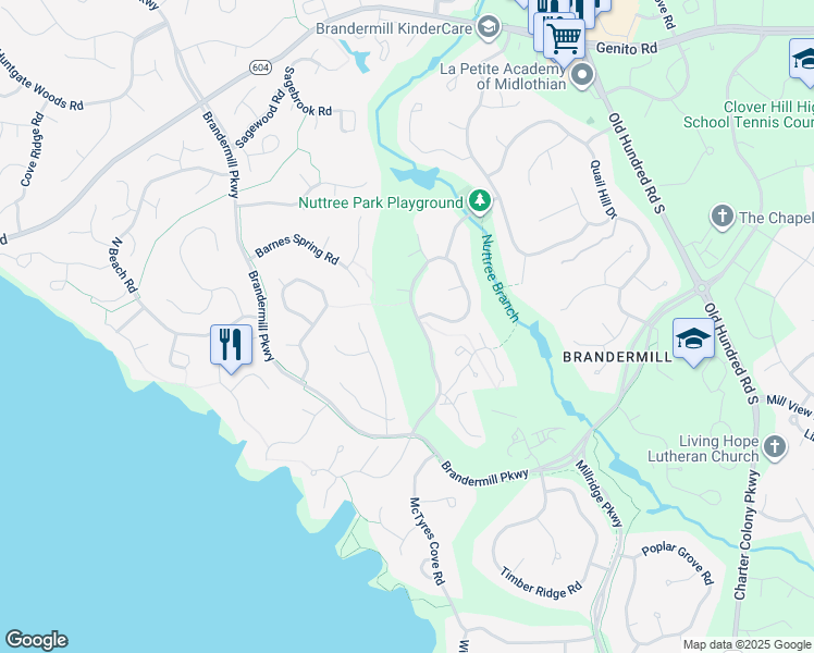 map of restaurants, bars, coffee shops, grocery stores, and more near 3506 Nuttree Woods Drive in Midlothian